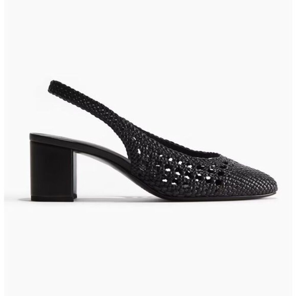 H&M Leather Slingback Pumps Sandals Black NWT Sz 11 Woven Braided Low Heels toe